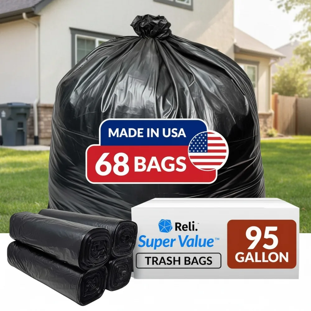 

Сверхмощные мешки для мусора на 95 галлонов, черные мешки для мусора на 68 шт. для серьезного очистки и больших мусора.