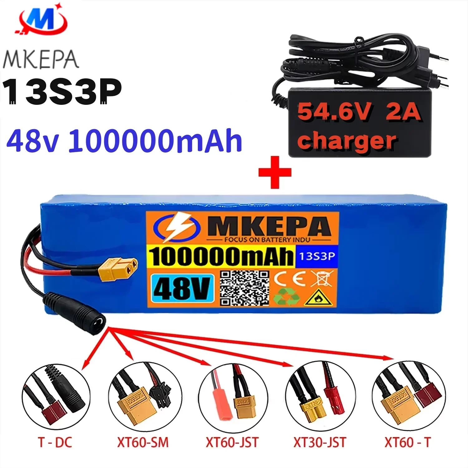 

13S3P 48V 100000mAh 100Ah lithium-ion battery pack with 1000W BMS, suitable for electric bicycles and scooters+54.6V charger