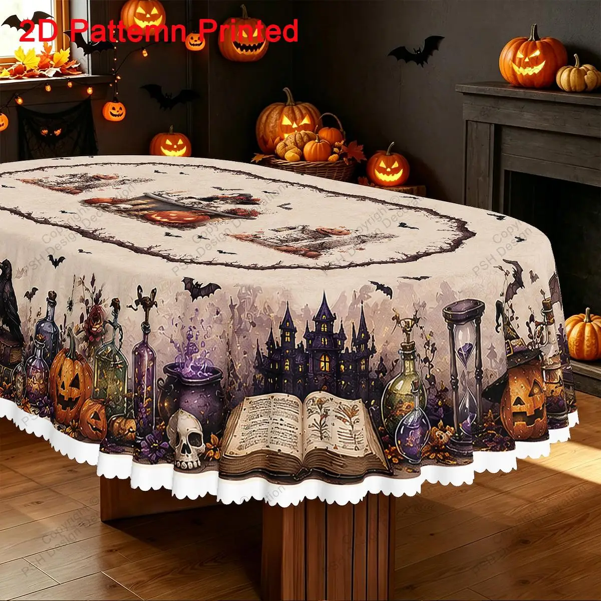 1 piece, Halloween-themed tablecloth, pumpkin lantern, skull candle, ancient magic book, hourglass pattern tableclothzyc