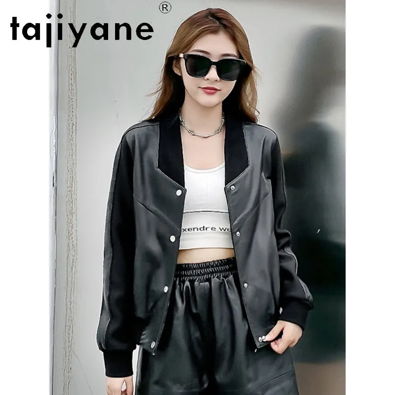 TAJIYANE Genuine Sheepskin Cropped Leather Jacket Woman Black Leather Coat Long Sleeve Jackets for Woman Top Threaded Collar 자켓