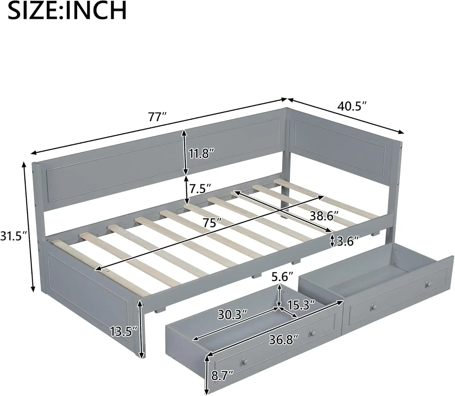 Twin Size Daybed with 2 Storage Drawers, Solid Wood Corner Bed Frame with Slat and L-Shaped headboard, No Box Spring Needed,