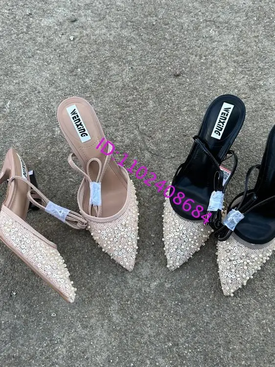 Design Women 10Cm High Heel Pointed Toe Glitter Beads Sandals Elegant Women Sequins Beading High Heel Slingack Buckle Sandals