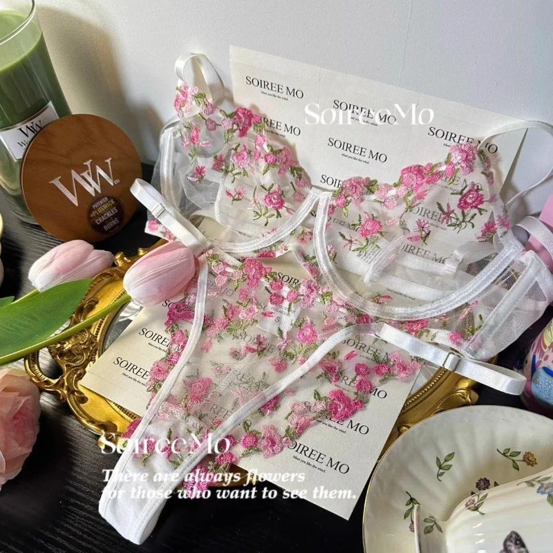 طقم حمالة صدر من الدانتيل الفرنسي للاستخدام اليومي، شبكة شفافة، صدرية كبيرة تدعم الأزهار والتطريز، ملابس مريحة، طقم ملابس داخلية مثيرة من MOYISU #1