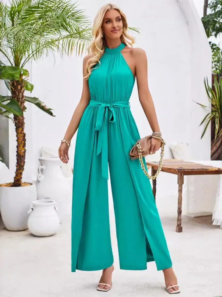 Halter Neck Jumpsuits Women Summer Solid Color Leace-up Backless Slit Wide Legs Sleeveless Jumpsuit Temperament Female Clothing