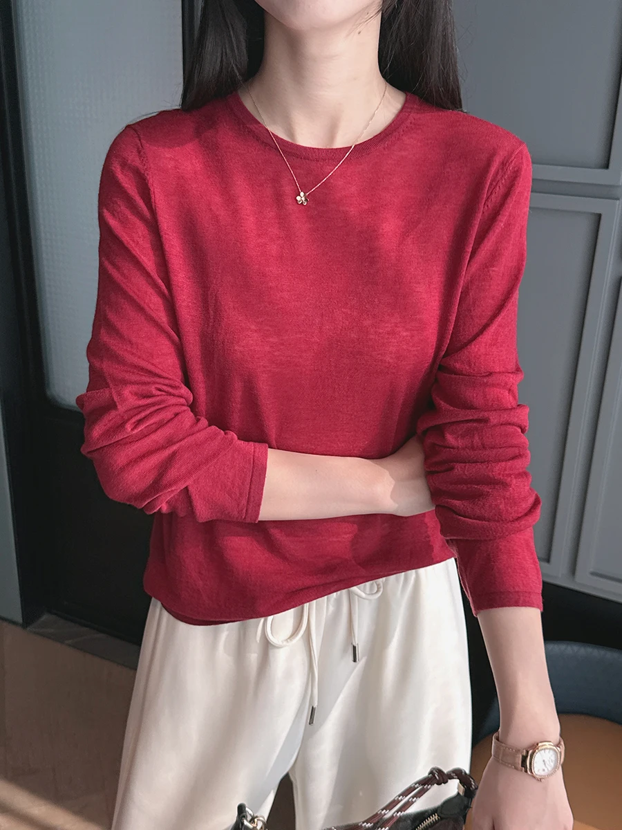 

Light Thin Warm 20-Strand Fine Spun Wool Knitted round Ne Base Layer Top Inner Wear Casual Loose Fit Long Sve Spring