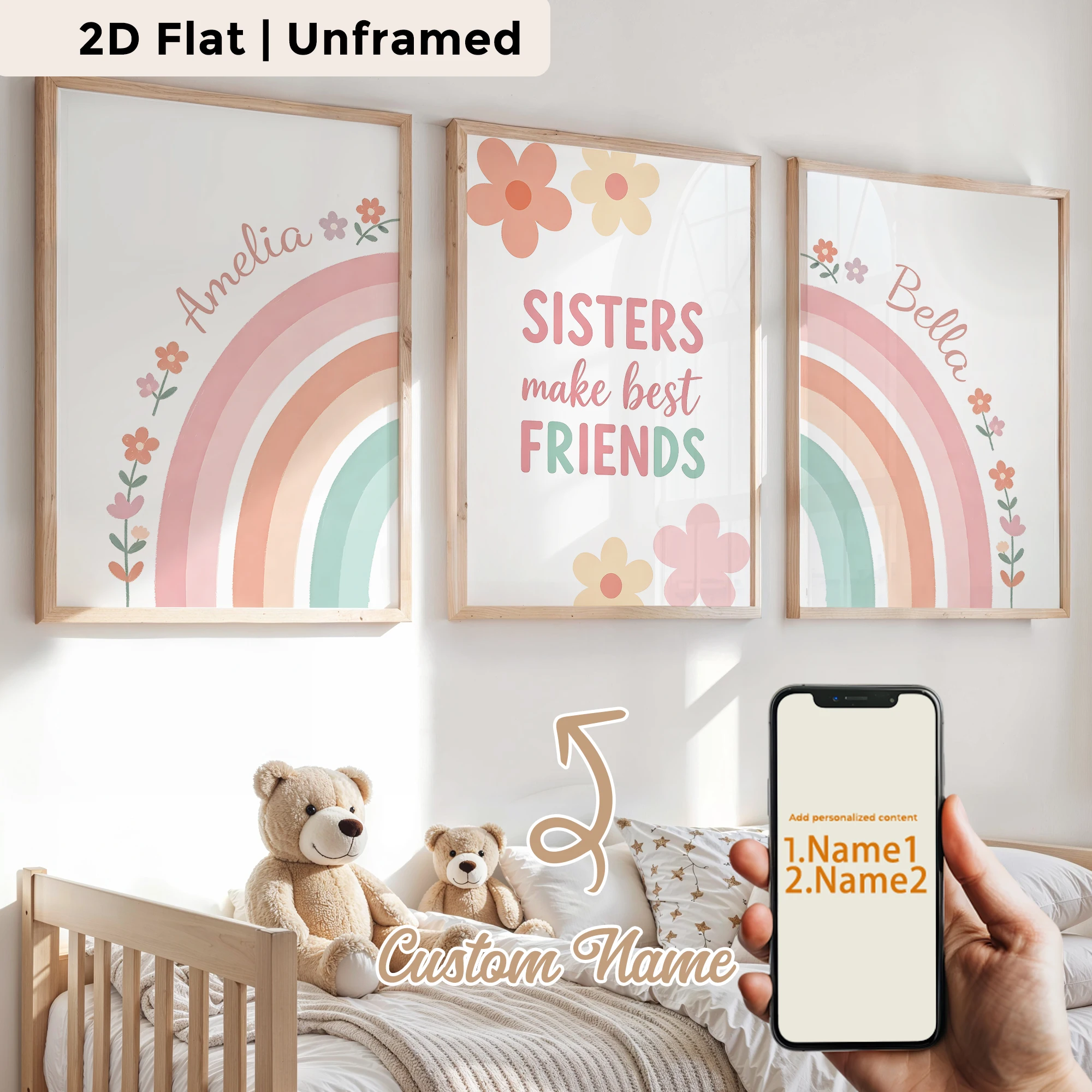 3-teiliges personalisiertes, farbenfrohes Regenbogen-Garten-Wandbild, Kunstdruck auf Leinwand, Poster, Gemälde für Wohnzimmer, Heimdekoration