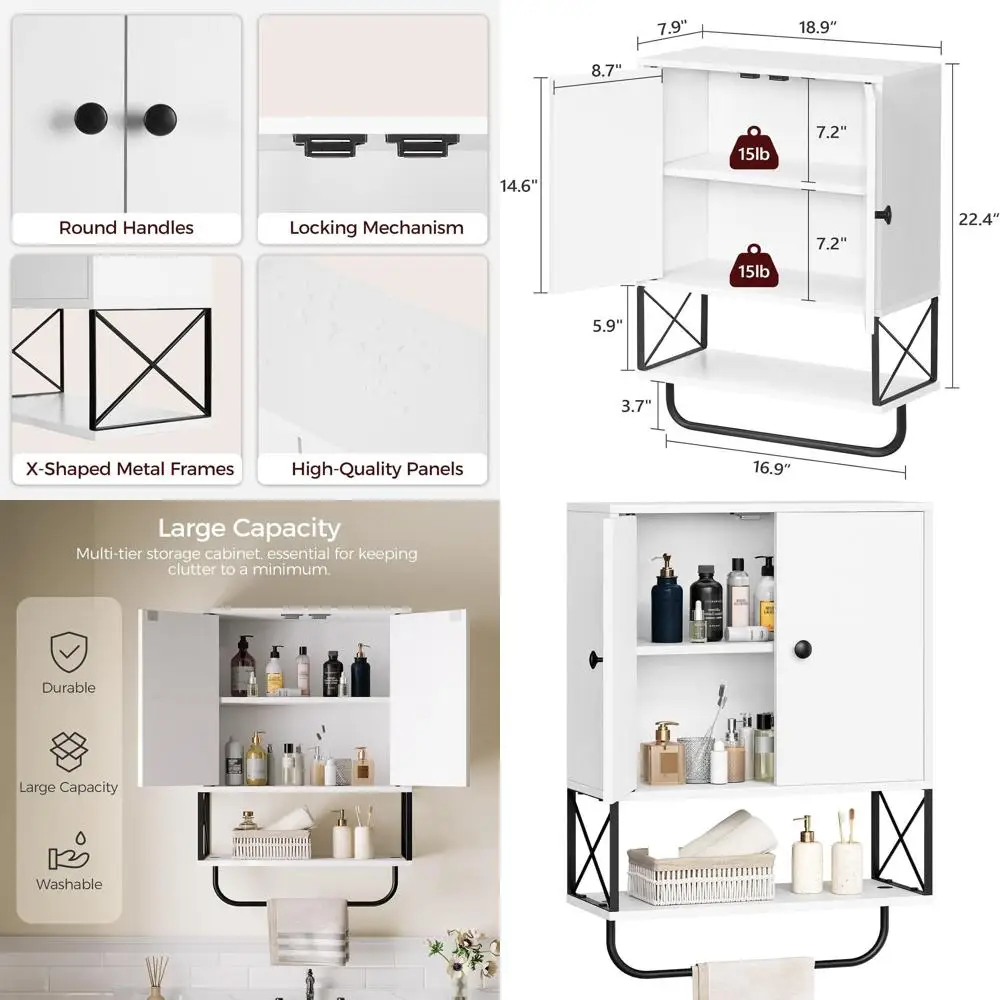 

Белый 2-дверный настенный шкаф для ванной с регулируемыми полками, держателем для полотенец и местом для хранения над унитазом