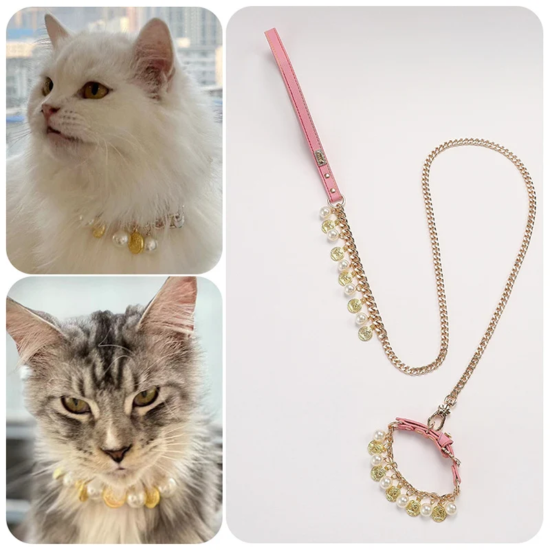 

Sweet Elegant Faux Pearl Cat Collar with Leash Set Adjustable Pet Collar with Crystal Charms Jewelry Accessories for Girls Cats