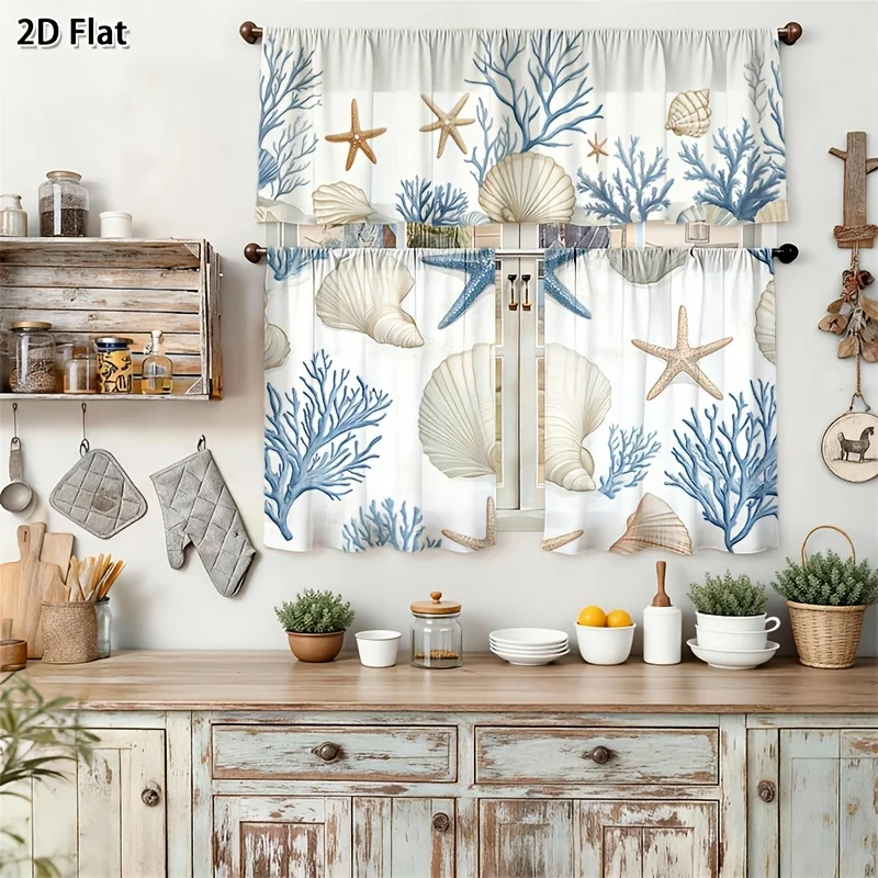 2D flat. Ocean Coral Shell Theme Curtain Set for Summer Beach Kitchen Decoration Kitchen Curtains