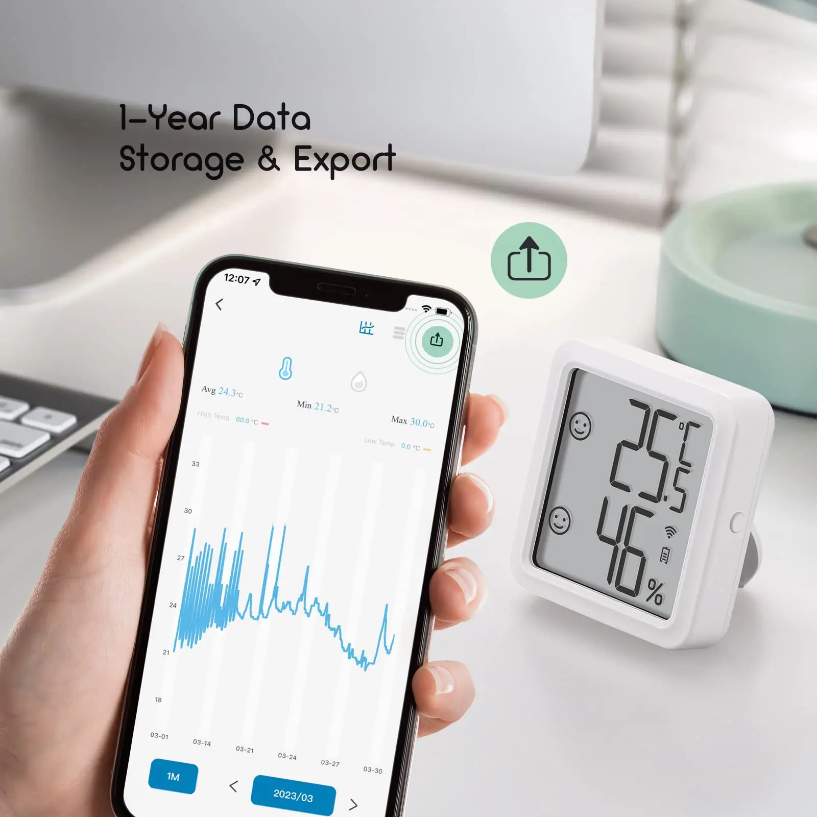 INKBIRD IBS-TH3-Plus Wireless Thermometer Hygrometer Indoor Digital Display Temperature Humidity Sensor for Cellar,Glass Contain