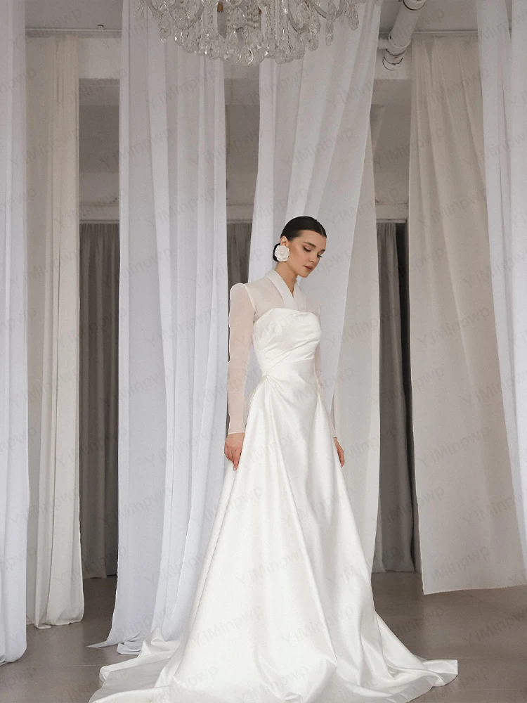 Elegante Brautkleider V-ausschnitt Langarm Meerjungfrau Braut Kleid Sweep Zug Arabisch Satin Brautkleid Angepasst vestidos de novia