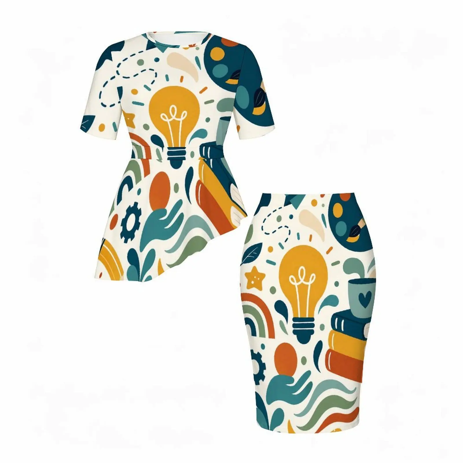 Women 2 Piece Skirt Set Round Neck Short Sleeve Asymmetric Top and Fitted Skirt with Creative Doodle Print