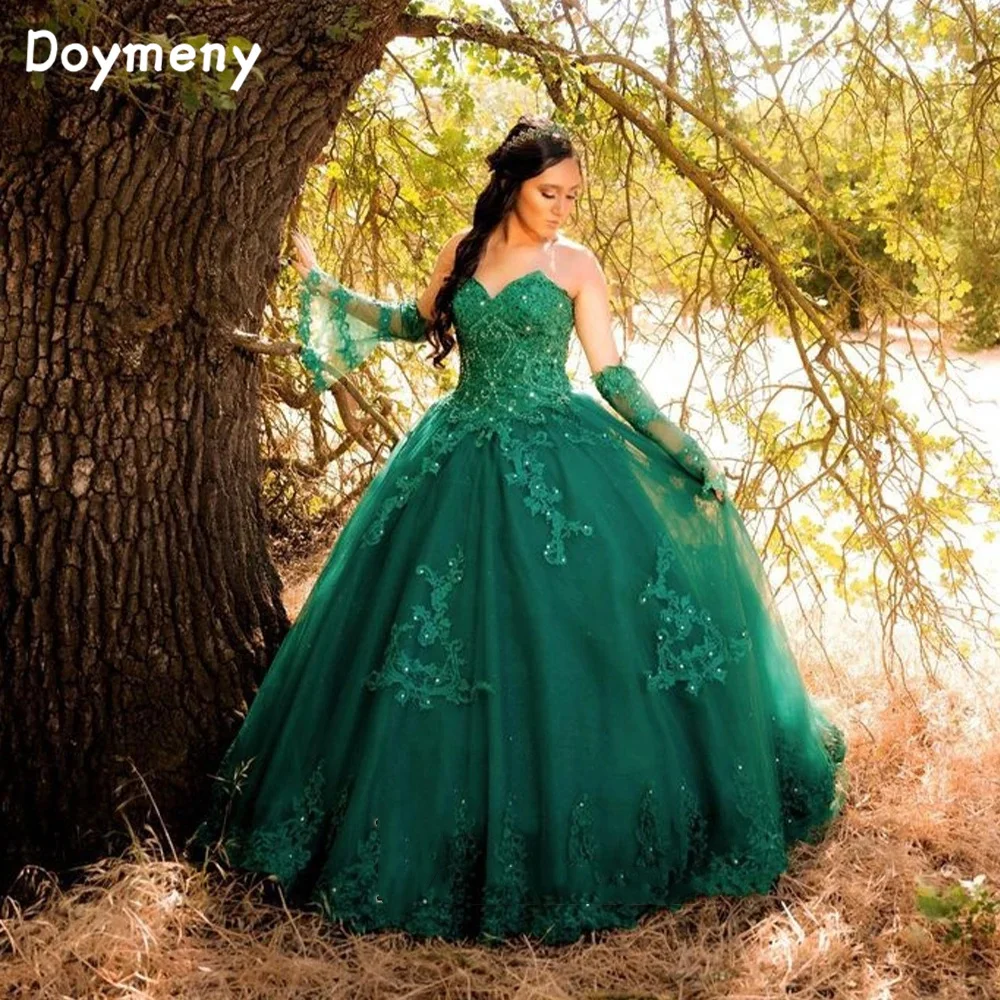 Doymen-modern Flare lengan panjang gaun Quinceanera manik-manik applique Vestido De 15 Anos manis 16 gaun dipersonalisasi