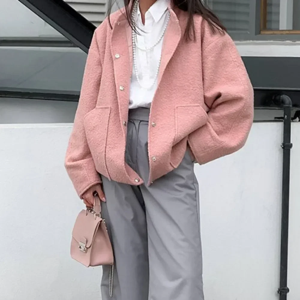 Fashion Pink Long Sleeved Jacket Autumn and Winter Women Loose Pink Granular Velvet Stand Collar Commute Shopping Casual Jacket