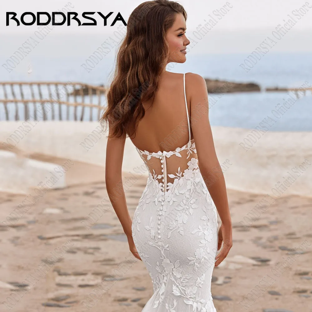 RODDRSYA Zeemeermin Trouwjurk Vrouwen Sexy Diepe V-hals Spaghettibandjes Bruidsjurk Appliques Illusie Backless Vestids De NoviaRODDRSYA Zeemeermin Bruidsjurk Vrouwen Sexy Diepe V-hals Spaghetti Riemen Bruidsjurk Appliq