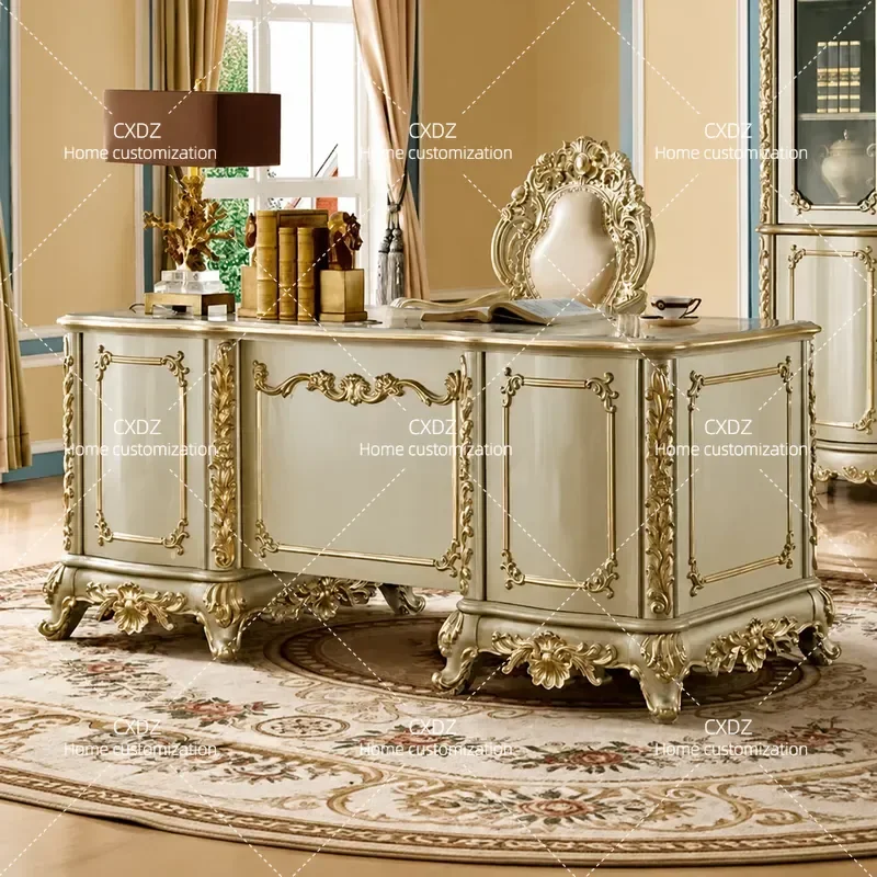 European desk solid wood carving flower study table champagne gold computer table desk writing desk light luxury boss table