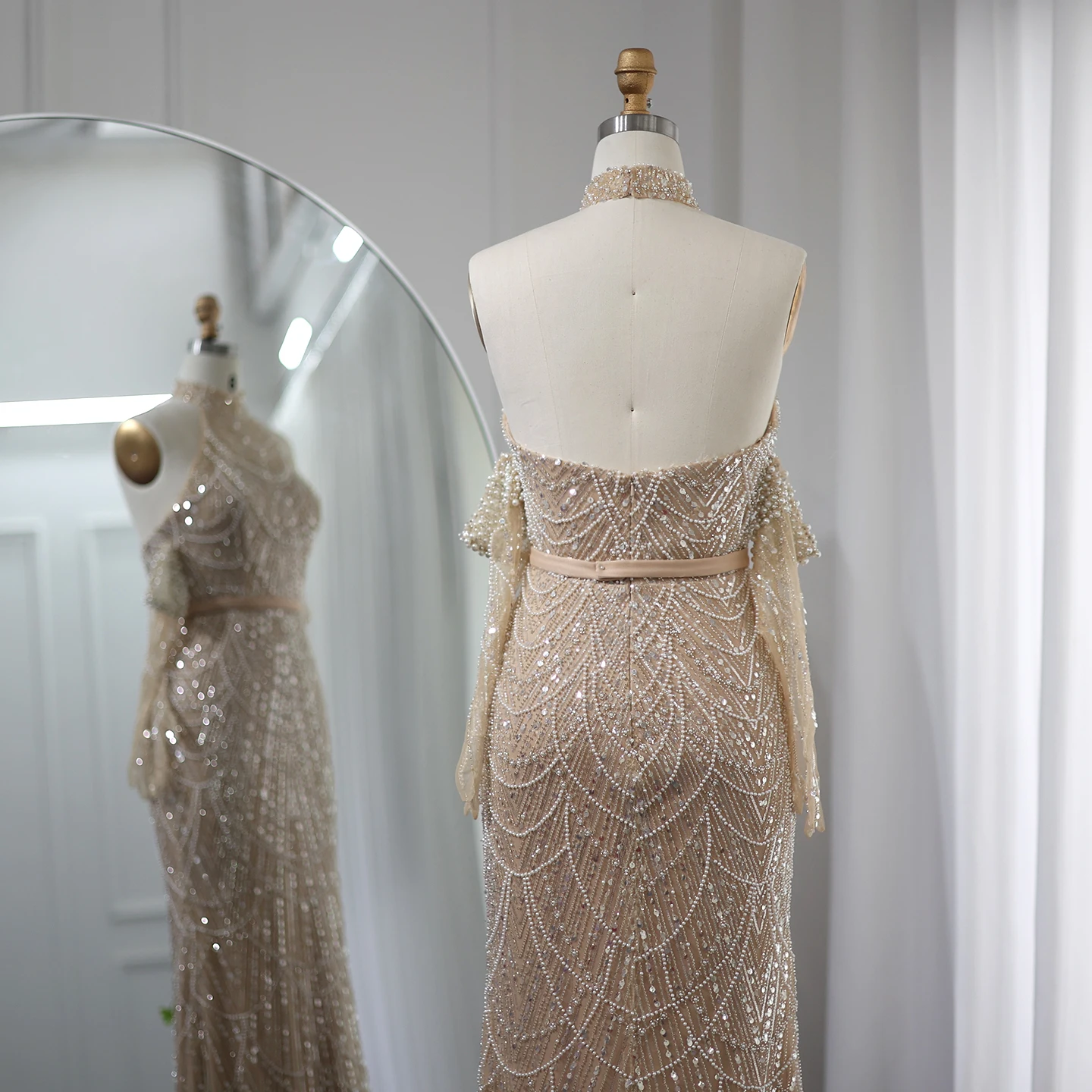 Sharon Said Dubai Luxury Nude Mermaid Evening Dresses Sexy Halter with Gloves Arabic Wedding Party Formal Gowns SS689 Customized