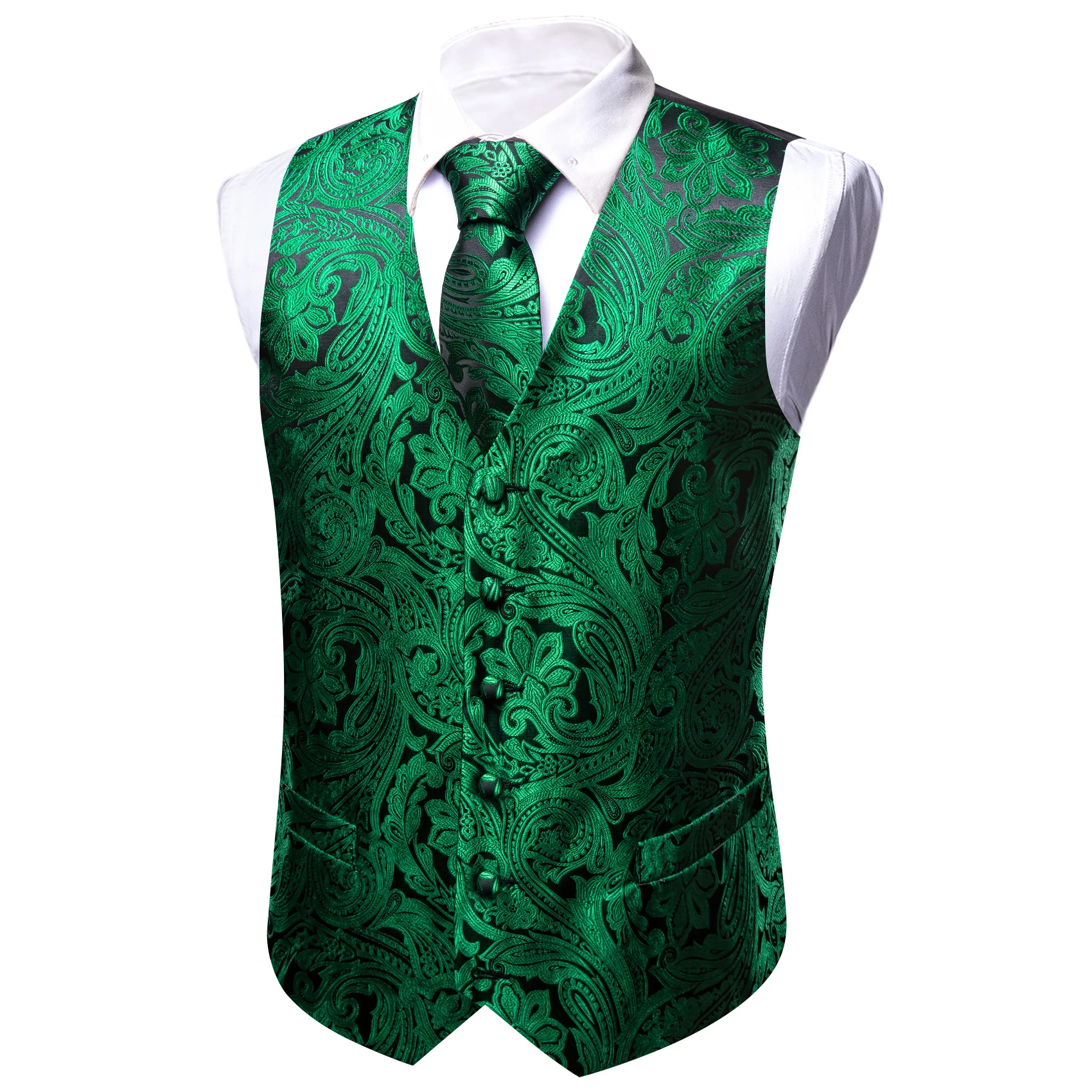 Barry.Wang-Conjunto de colete de seda sem mangas masculino, colete, jaqueta sem mangas, abotoaduras, verde-oliva, verde-manjericão, casamento,