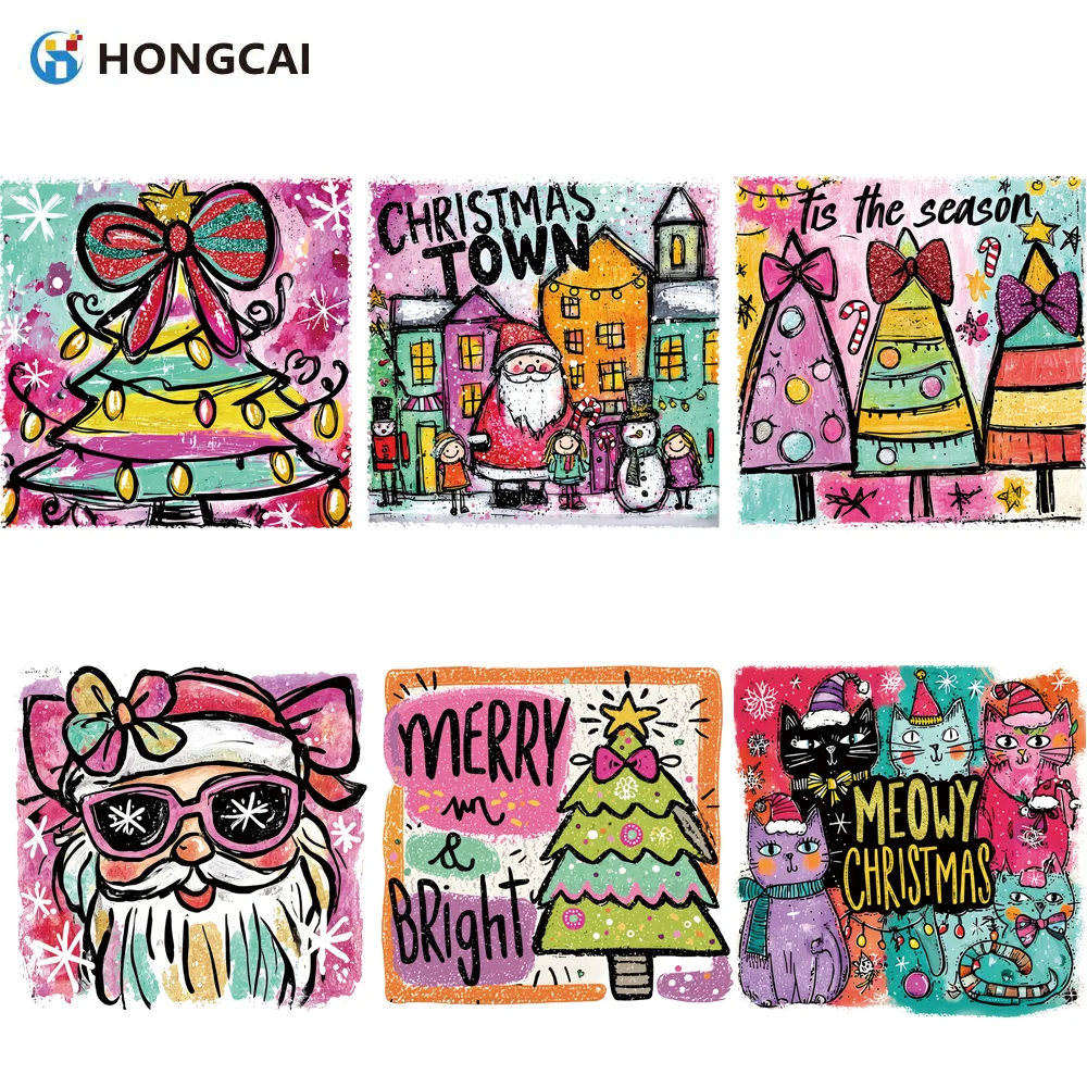 مجموعة مكونة من 6 قطع من ملصقات الفينيل النقل الحراري لعناصر عيد الميلاد المبتكرة المرسومة يدويًا - تتميز بأنماط ملونة مثل عيد الميلاد