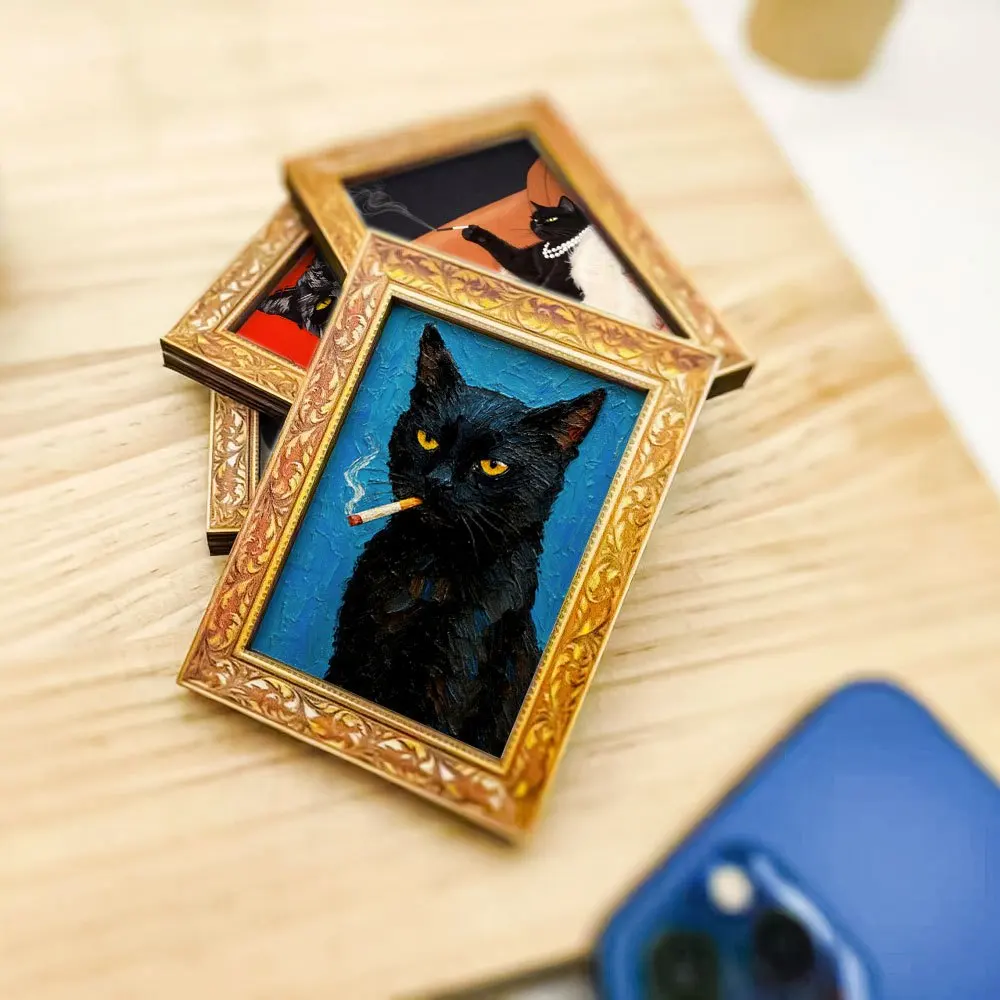 Künstlerischer Kühlschrankmagnet mit rauchender schwarzer Katze, gerahmter Magnet im Vintage-Stil für Küche, Zuhause und als Geschenk für Katzenliebhaber – Detail 6