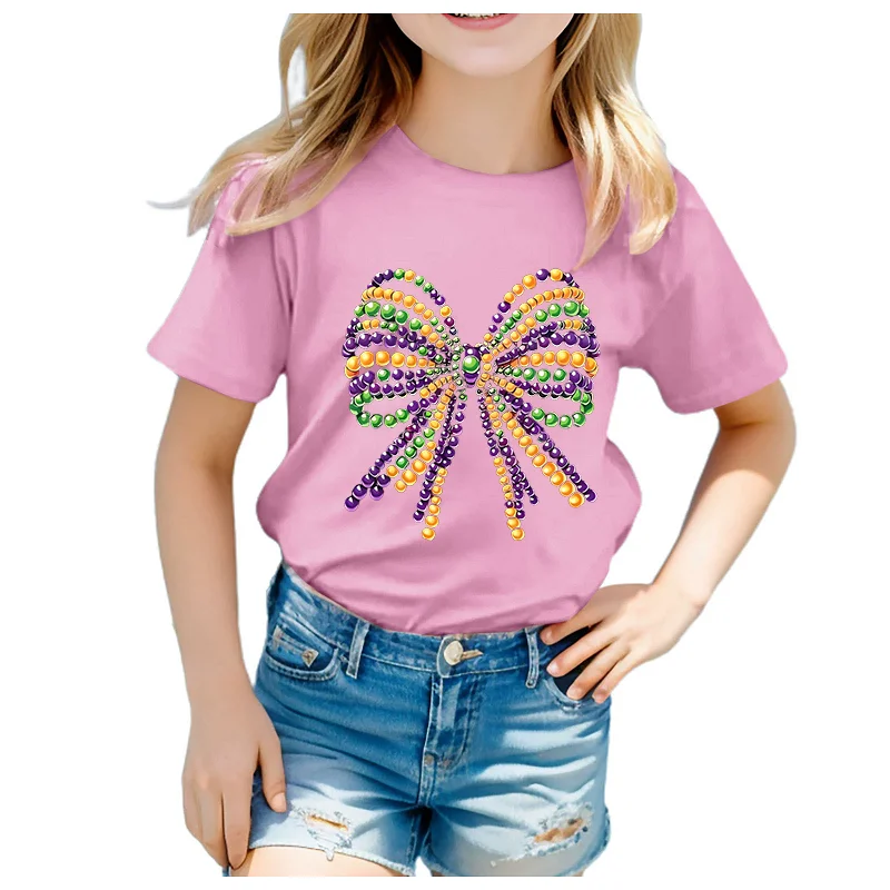 Girls' Carnival Beaded Bow Print Round Neck Short Sleeve T-shirt Girls Clothes  Kids Clothes