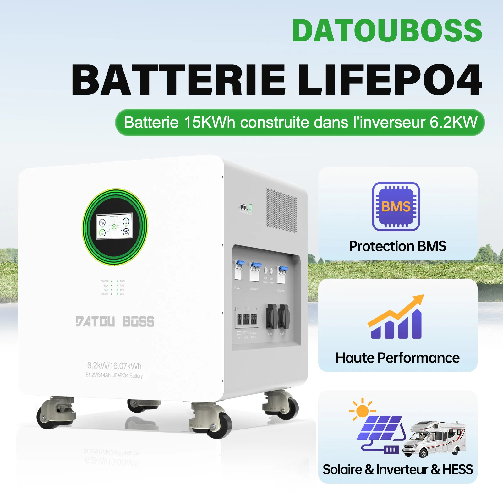 Batterie LiFePO4 tout-en-un DATOU BOSS 16 kWh avec onduleur hybride intégré de 6 kW, 51,2 V, 314 Ah, BMS, pour systèmes solaires domestiques hors réseau et alimentation de secours