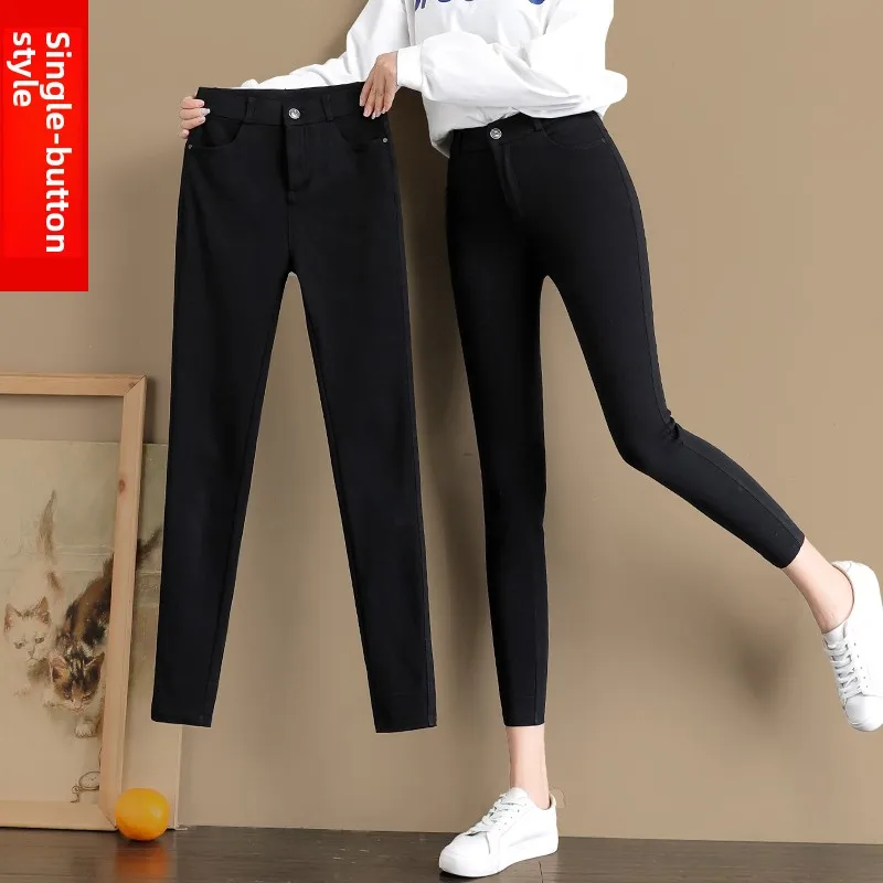 High Waist Thin Stretchy Women's Leggings Eighteen Spring Summer Black Pencil Nine Point Pants Polyester Fiber 100%