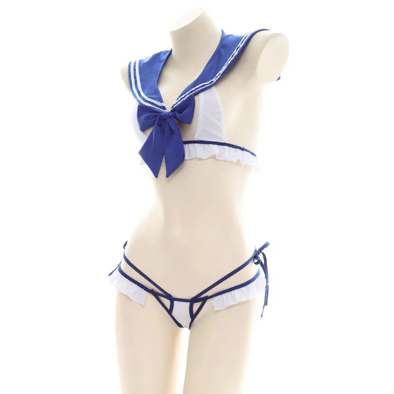 Japanese Cosplay Bow Blue Sailor Suit Bikin Swimsuit School Student Swimwear Uniform Temptation Lingerie