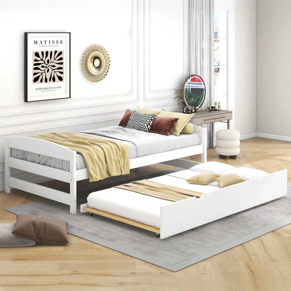 Twin Size Platform Bed with Trundle Low Profile Easy Assembly Solid Pine Wood Daybed Kids Safe Storage Sleepover