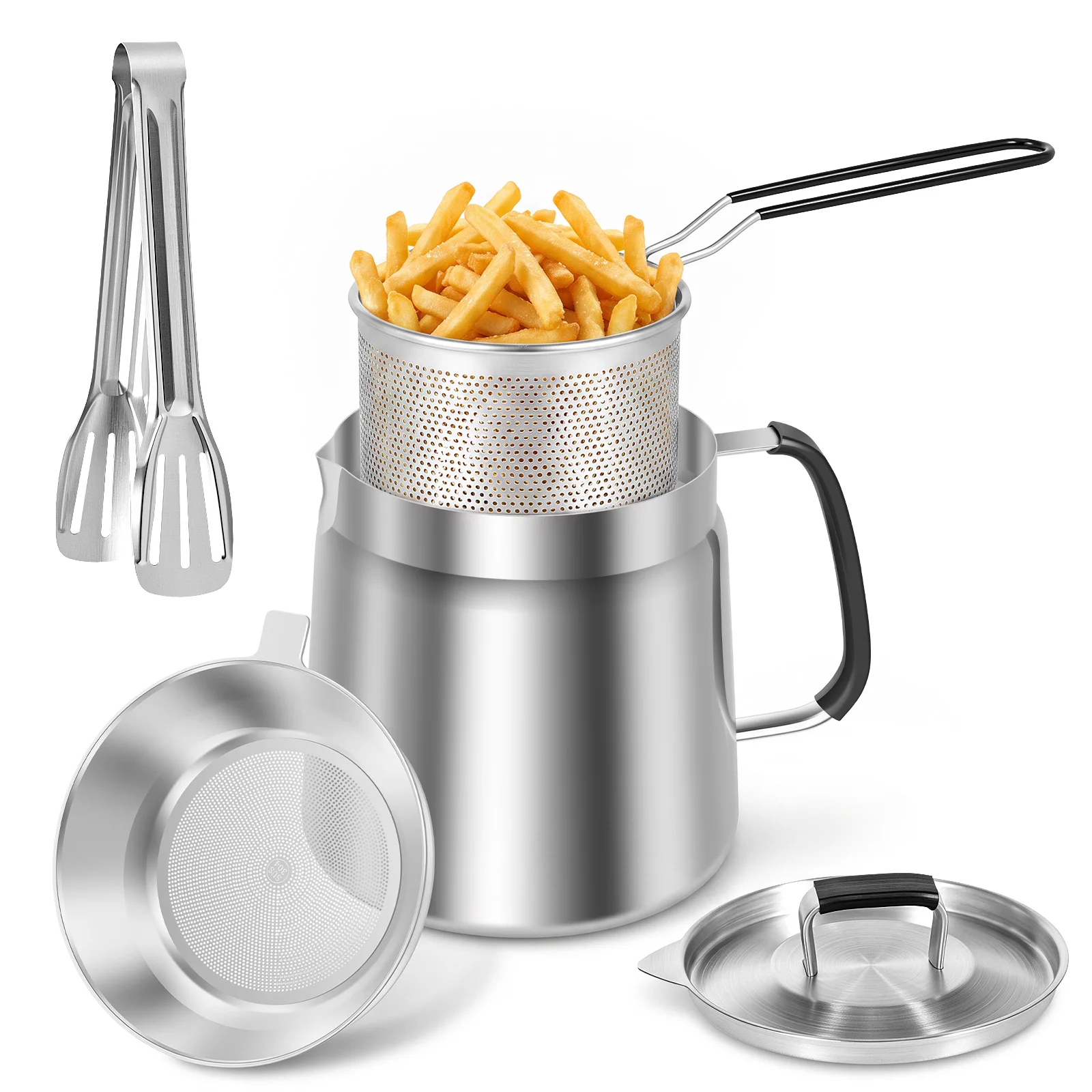 304 Stainless Steel Oil Filter Pot with Strainer and Dust-proof Lid Double Filtration Deep Fryer Basket for Home Kitchen Camping
