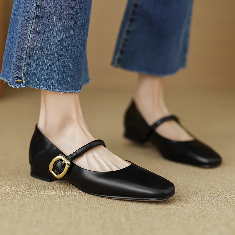 Low Heels Women Pumps Fashion Buckle Strap Mary Janes Genuine Leather Spring Summer Casual Working Shoes Woman 2024 White Heels