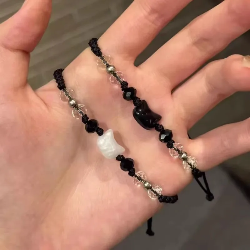 Pulsera de pareja con cuentas de gato, brazaletes ajustables tejidos a mano, joyería de amistad para hombres y mujeres, accesorios de regalo de aniversario, 2 uds.