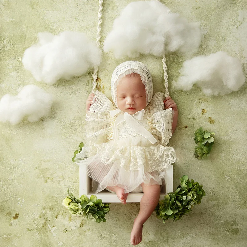 Baby Girl Newborn Photoshoot Outfits Pretty Cute Dress Cloud Swing Hat Garland Shooting Props Studio Creative Angel Photo Props