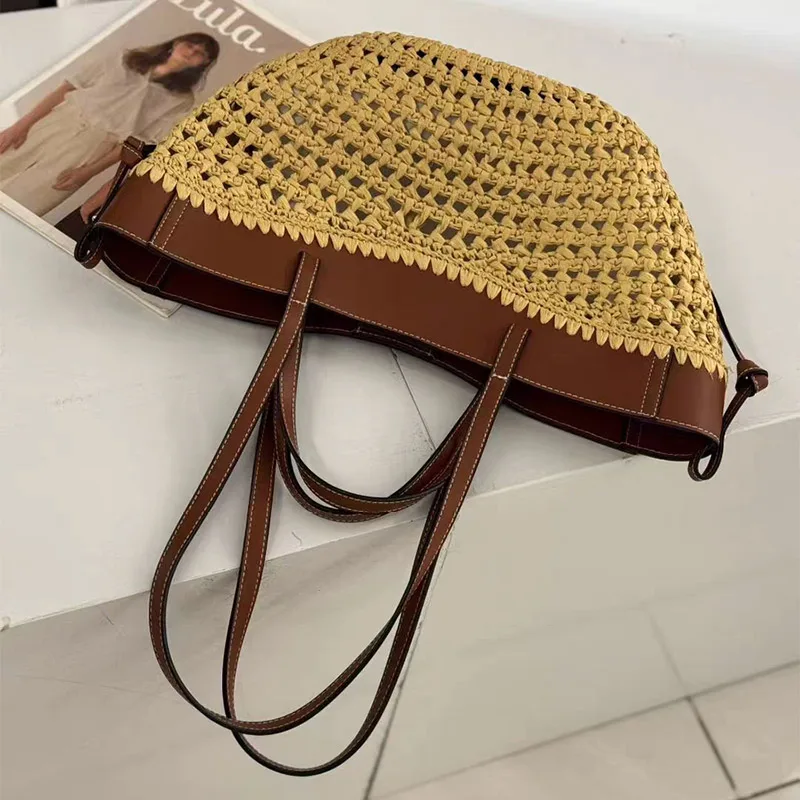Luxury Raffia Straw Tote Bag,French Style Beach Travel Women Bucket Shoulder Bag,Leather Splicing Woven Large Capacity Handbag image 4