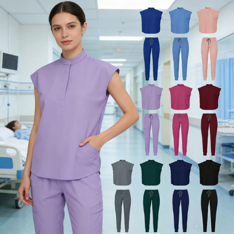 

New Plus Size Women's Solid Color Work Uniform Stand Collar Wide Cuff Design Stylish Simple Scrub Top Ideal for Nurses Dental