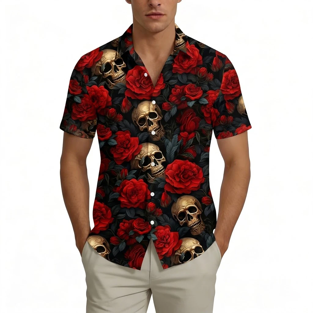 

Gothic Rose Skull 3d Print Hawaiian Shirt Black Red Floral Pattern Button Short Sleeve Vacation Tops Dark Aesthetic Streetwear