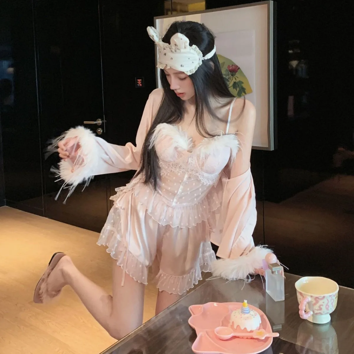 

Plush Applique Women Pajamas 4PCS Set Silky Home Clothes Pijamas Suit Kimono Bath Robe Gown Loose Sleepwear Loungwear