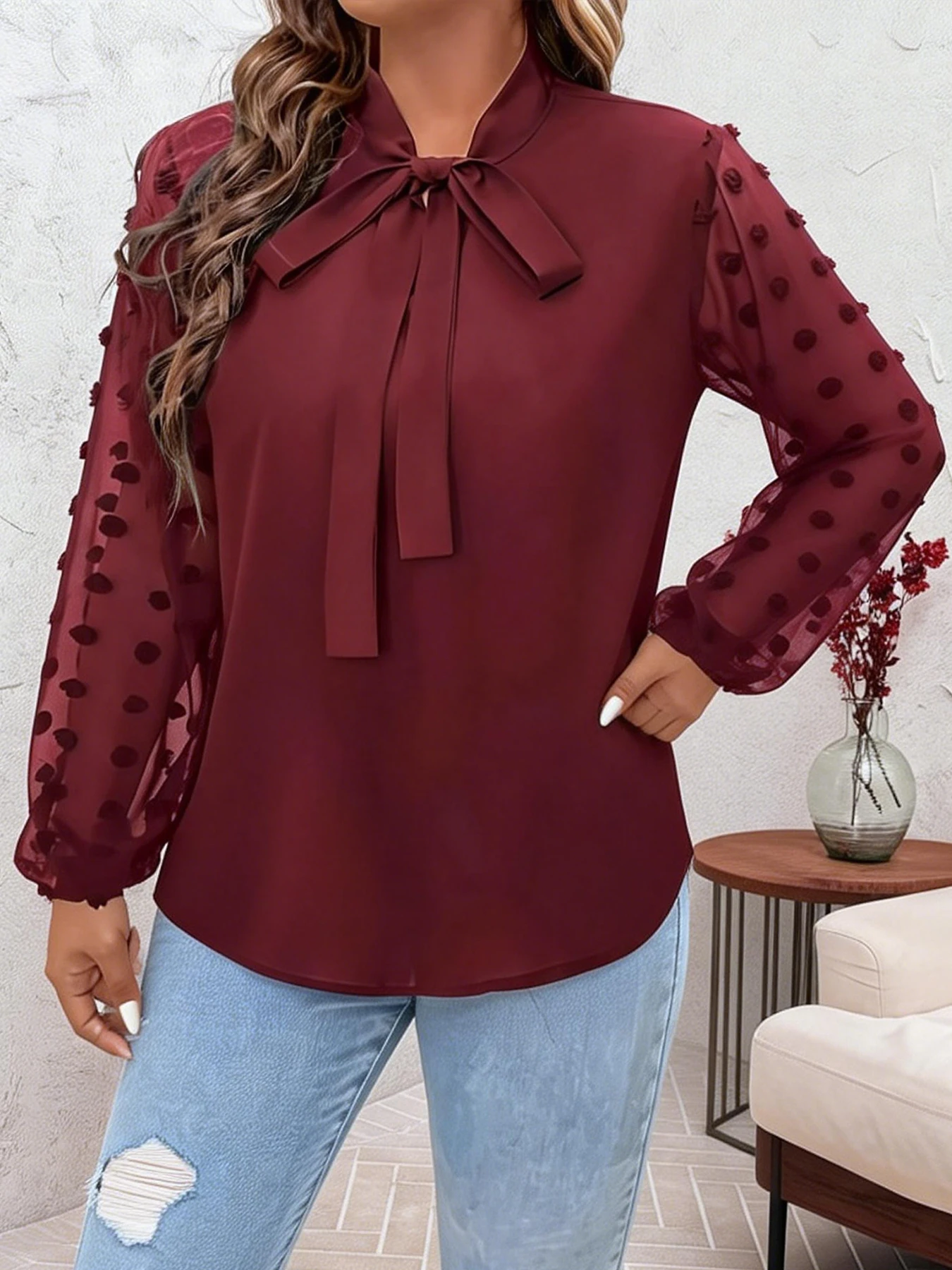 Plus Size Spring Autumn Women Elegant Bow Tie Neck Shirt Office Lady Fashion Solid Curve Clothing Casual Long Sleeve Tops