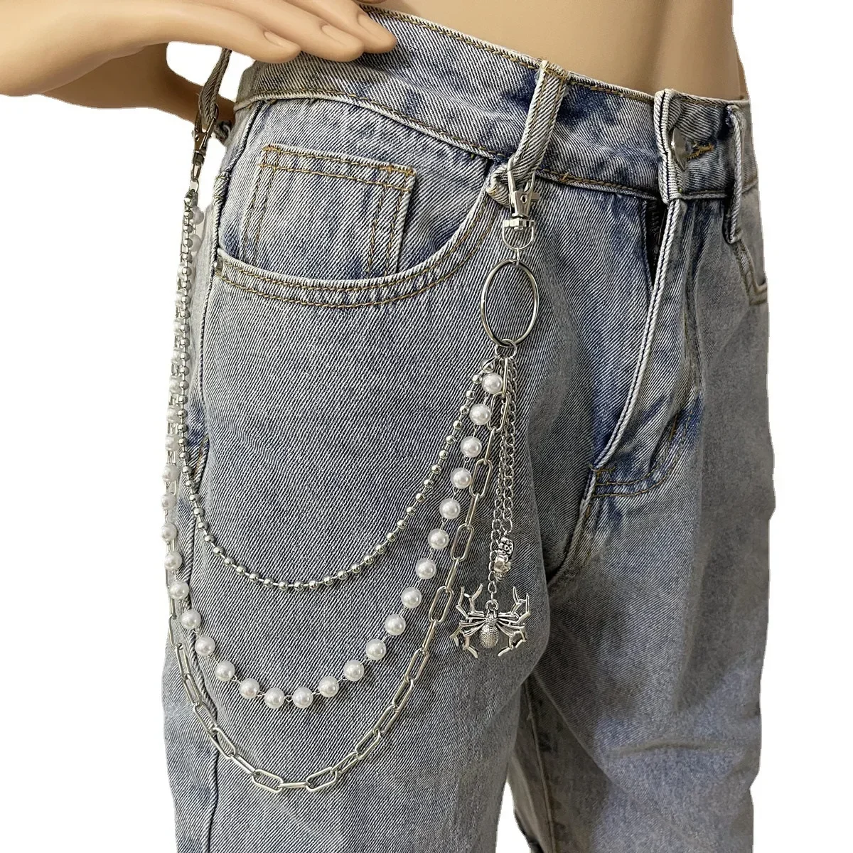 Metal White Pearl Punk Pants Chain Keychains for Men Women Jean Trouser Biker Chains Spider Pendants Jewelry Gothic Accessories