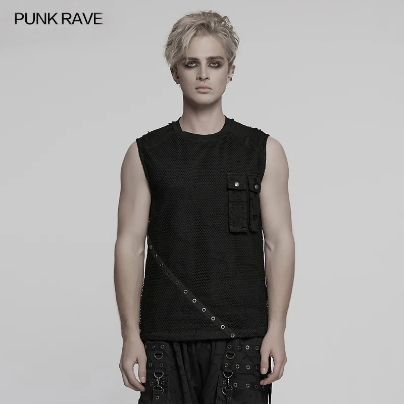

PUNK RAVE Men's Punk Creative Splicing Different Fabrics Highlights Expresses Rebellion Vest Daily Personality Cool Tops Summer
