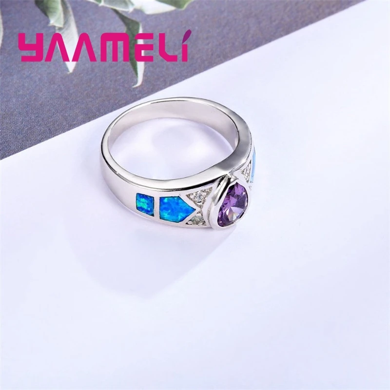 Winter Sale Exquisite Charming Water Drop Crystal Silver Ring Wide Blue Fire Opal Fashion 925 Sterling Silver Jewelry for Women