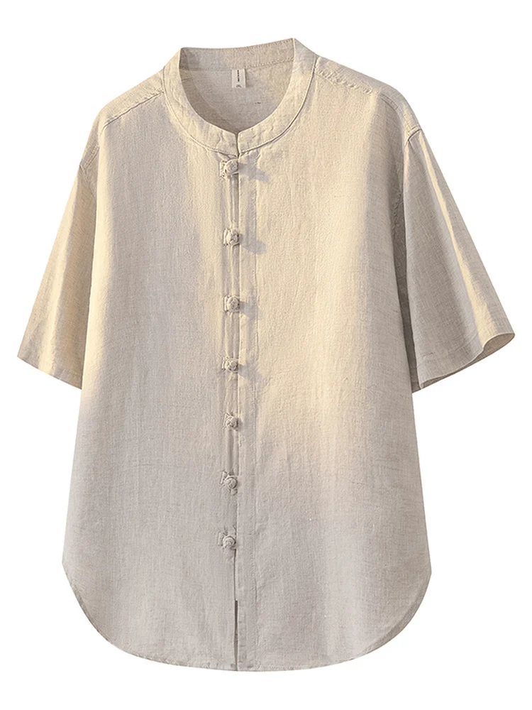 

Loose Fit Linen Short Sleeve Shirt Men's Summer Thin Casual Button up Stand Collar Tang Costume Lightweight Breathable Top