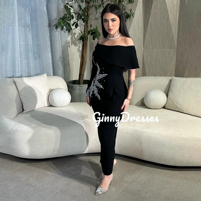 

Customized Evening Dress Woman Off-The-Shoulder Neckline Sheath Prom Dresses Floor-Length Beadings Zipper Up Long Sleeves Lining