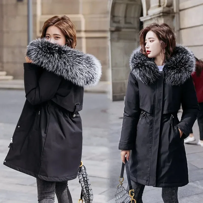 Fur Collar Hooded Mid-lenght Cotton Parkas Oversize 6xl Winter Warm Overcoat Snow Wear Drawstring Loose Korean Jacket