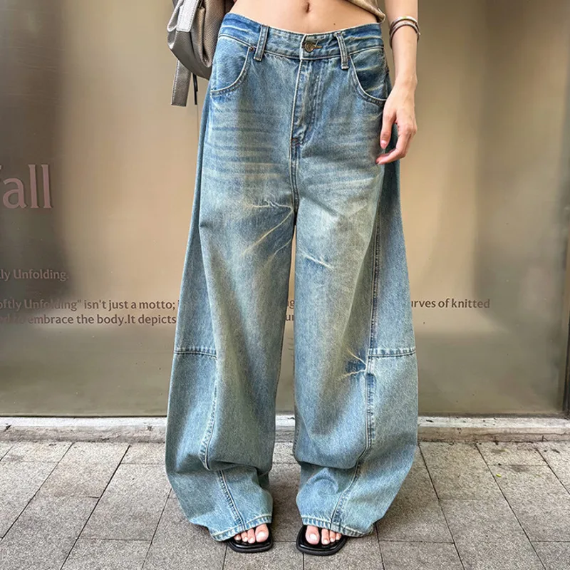

Loose Jeans Textured Print Floor Pants For Women Slim Fit Low Waist Casual Lazy Summer Personality Fashion High Street Trend
