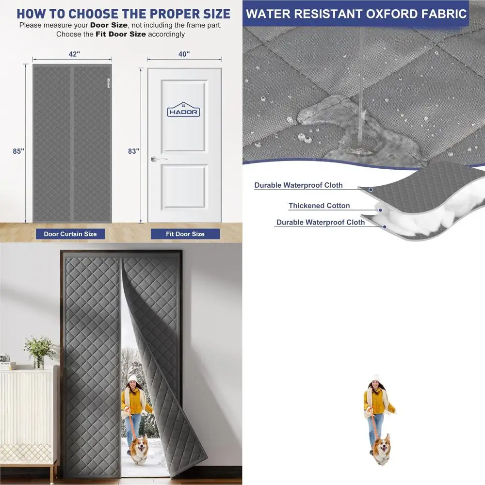 

Thermally Insulated Magnetic Door Curtain, 40x83, Quilted Cotton Fill, Winter Draft Blocker for Patio Doors, Gray