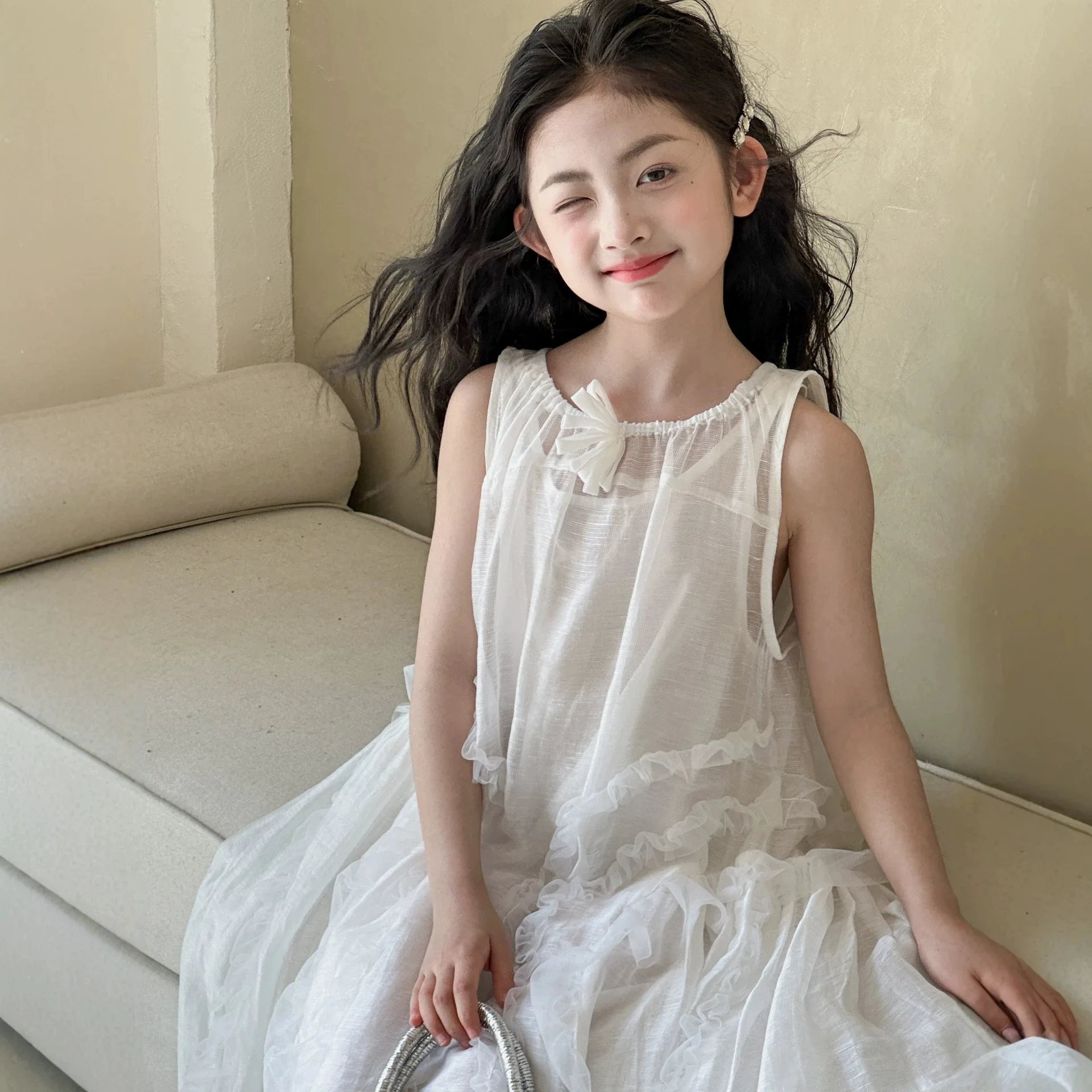 ensemble-jupe-et-gilet-en-coton-et-lin-pour-fille-motif-poisson-rouge-vetements-d'ete-2026-nouvelle-collection-de-vetements-pour-enfants-robe-unique-parent-enfant
