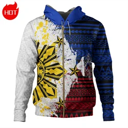 Vintage 3D Polynesian Philippines Coat Of Arms Print Zip Up Hoodies Philippines Tribal Tattoo Graphic Mens Sweatshirts Pullovers