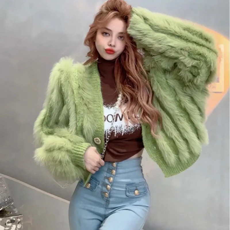 

Women's Sweater Fox Fur Stitching Knitwear Coat V-Neck Cardigan Pullovers Pink/Purple/Blue/Green Short Sueters De Mujer Moda