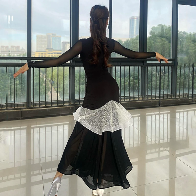 Women Latin Dance Clothes Ballroom Dance Competition Dress Black Tops Lace Skirt Waltz Practice Clothing Club Dance Wear NV22099